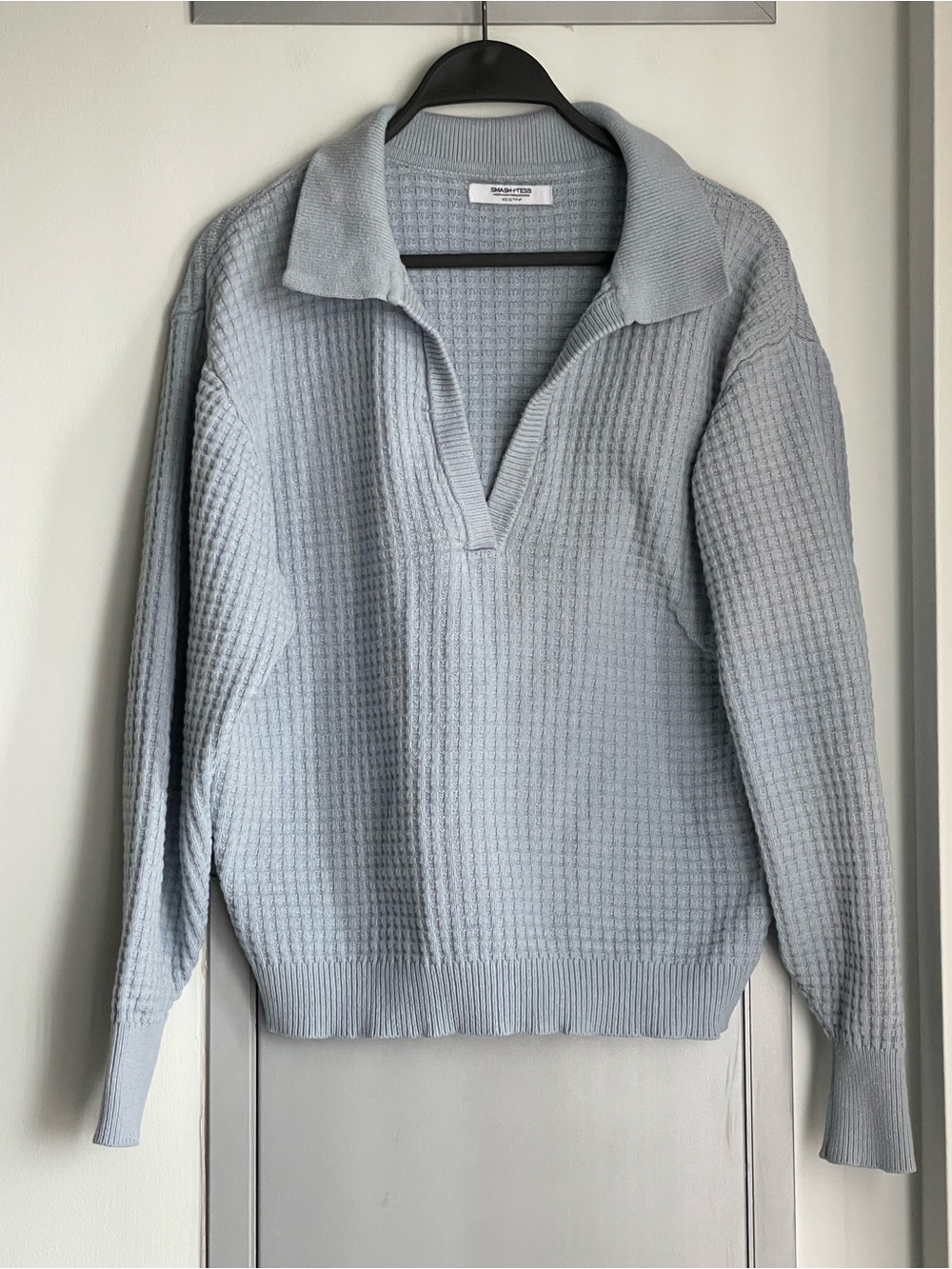 SMASH + TESS Megan Waffle Knit Sweater with Collared V‑Neck in Light Blue